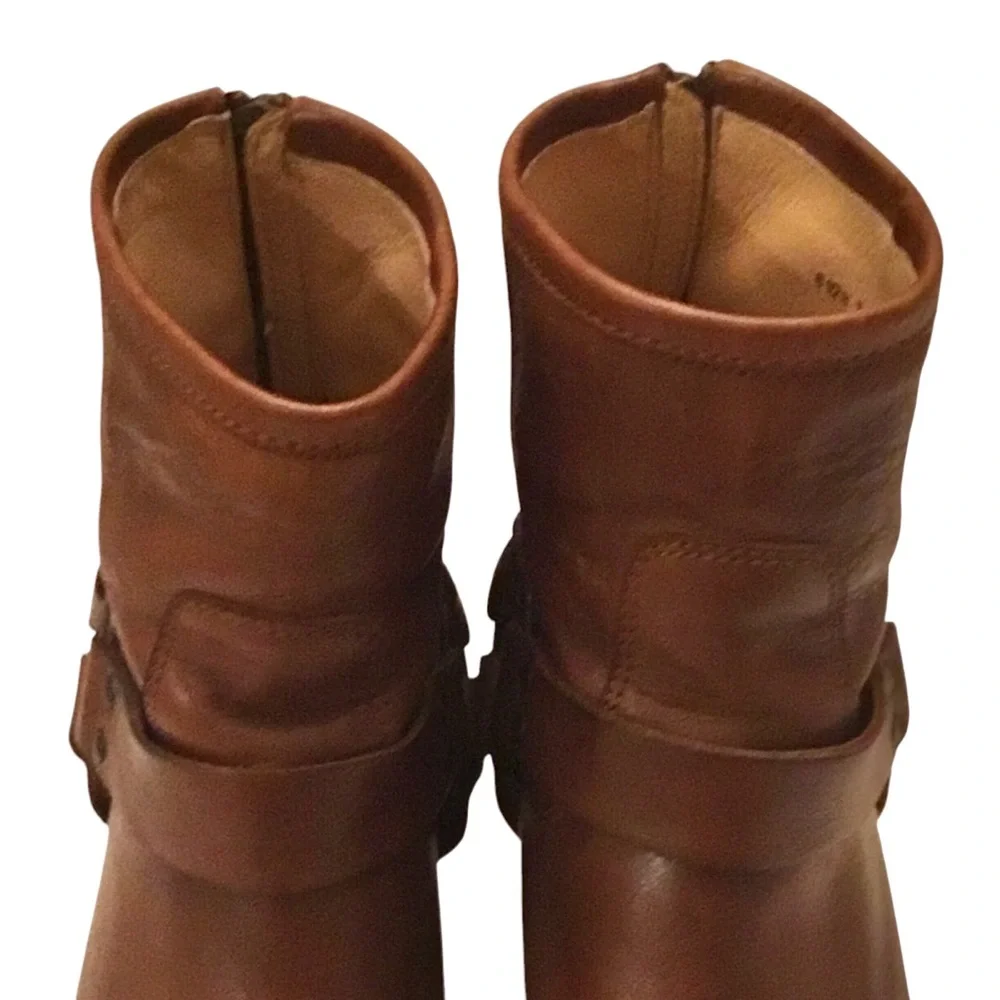Frye Tabitha Brown Leather Short Ankle Boots Moto Harness Stacked Heel Size-8.5
